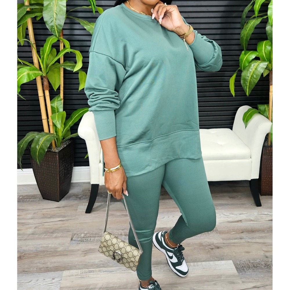 Sage Green Two‎ Piece Lounge Set Oversized Sweatshirt and Ribbed Leggings